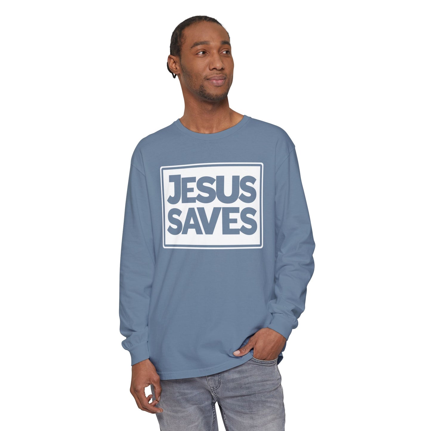 Jesus Saves Garment-dyed Long Sleeve T-Shirt