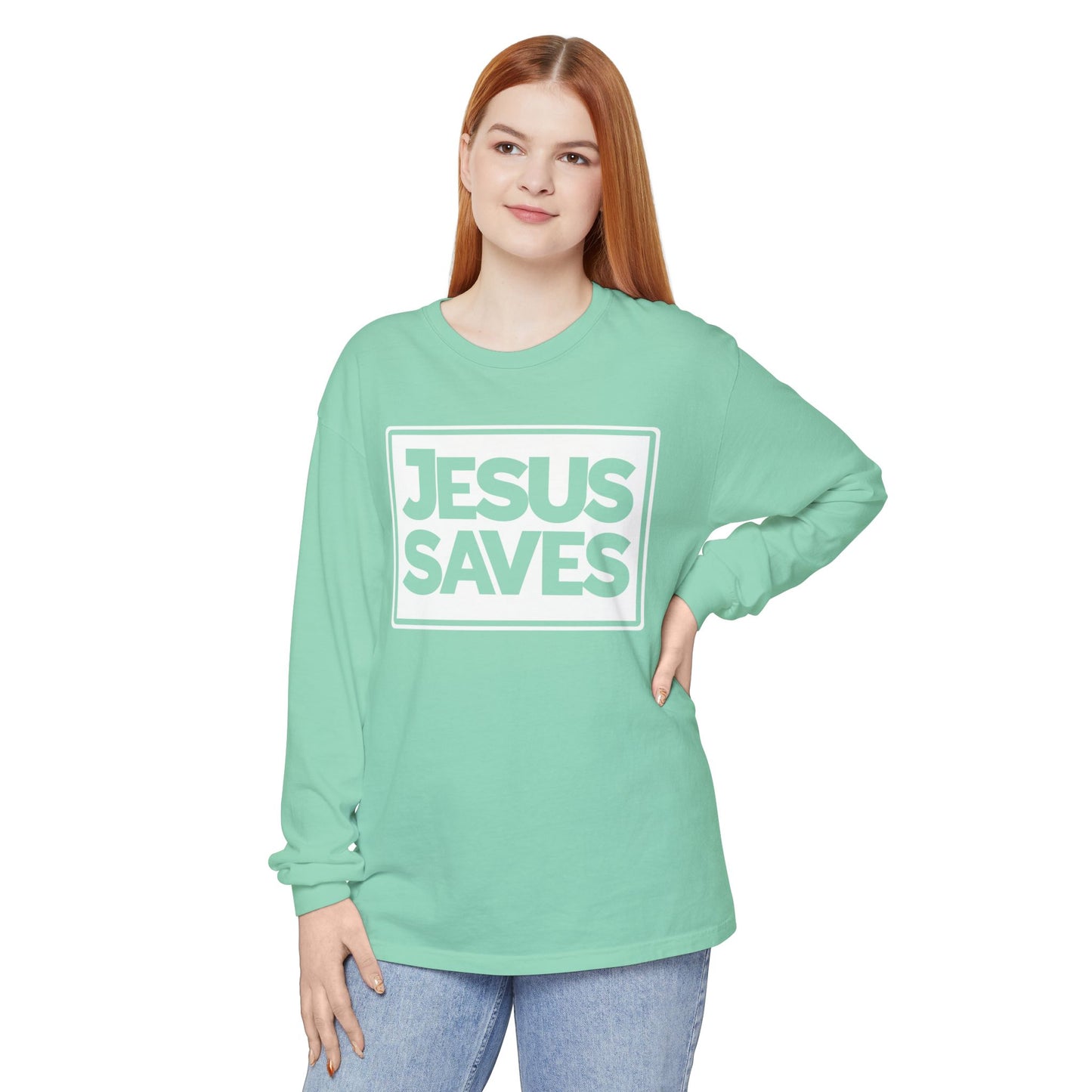 Jesus Saves Garment-dyed Long Sleeve T-Shirt