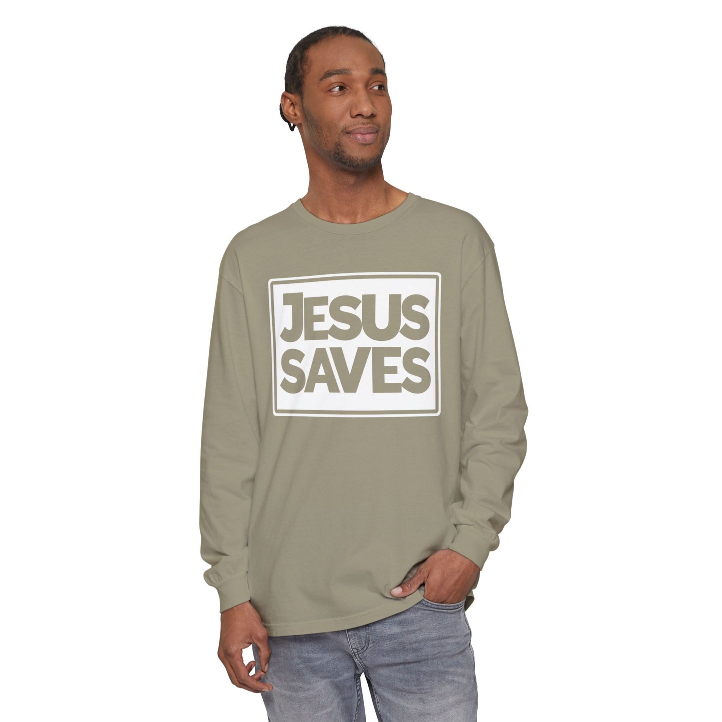 Jesus Saves Garment-dyed Long Sleeve T-Shirt