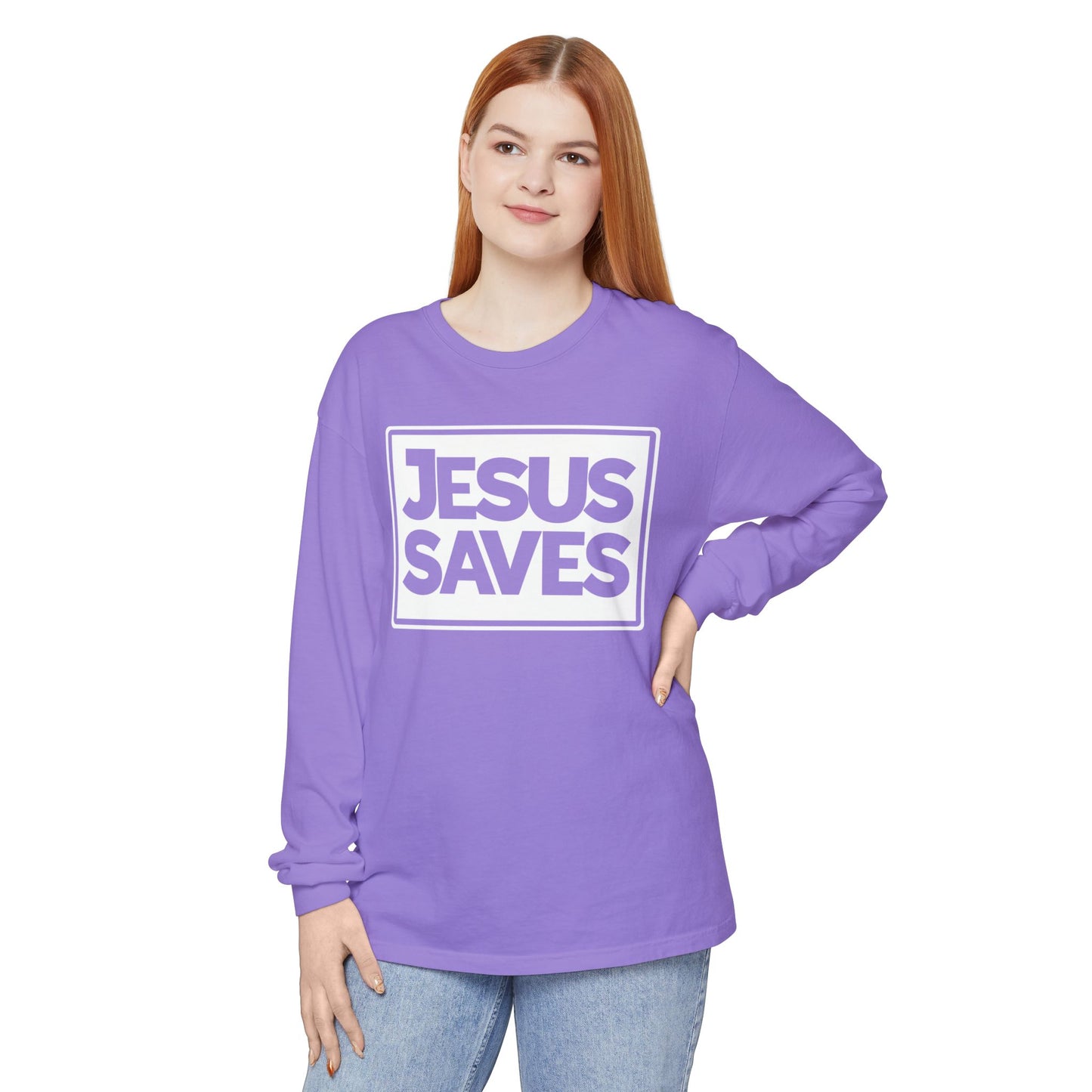 Jesus Saves Garment-dyed Long Sleeve T-Shirt