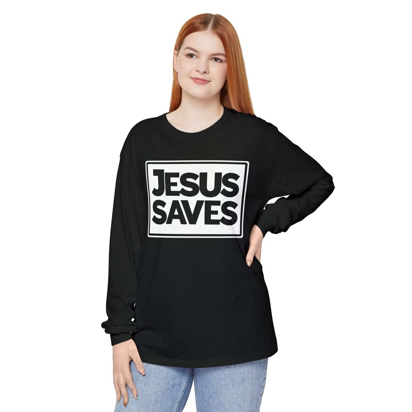 Jesus Saves Garment-dyed Long Sleeve T-Shirt