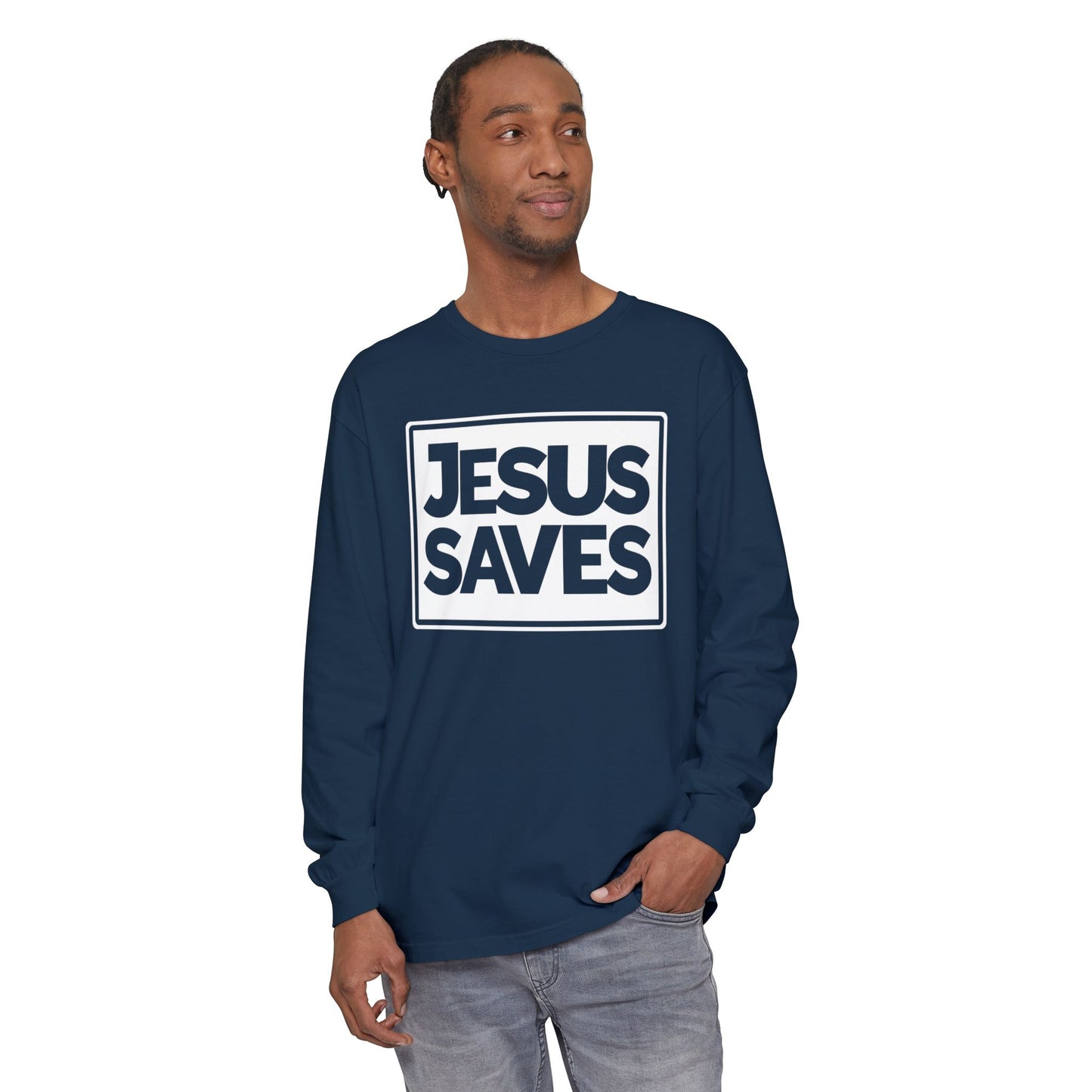 Jesus Saves Garment-dyed Long Sleeve T-Shirt