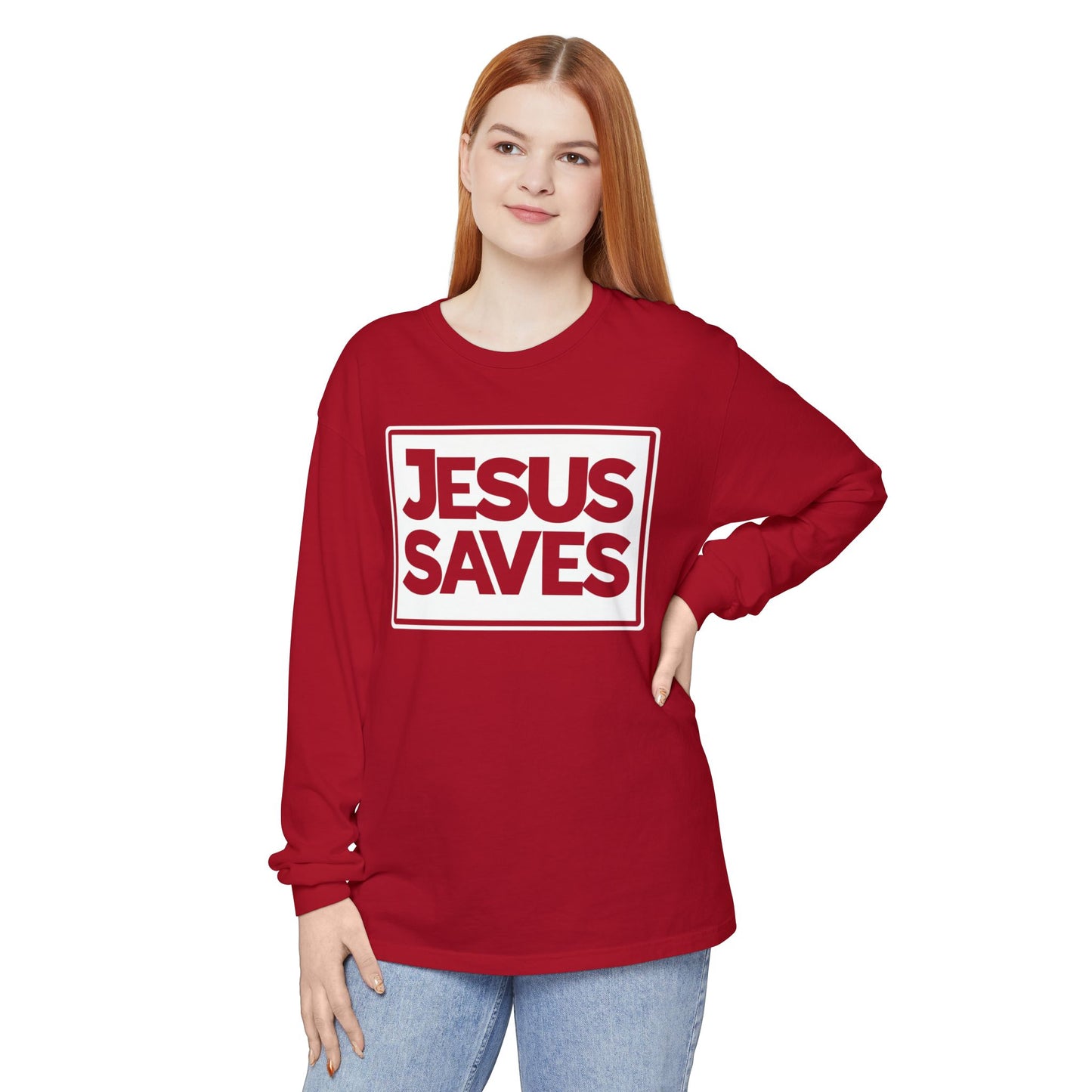 Jesus Saves Garment-dyed Long Sleeve T-Shirt