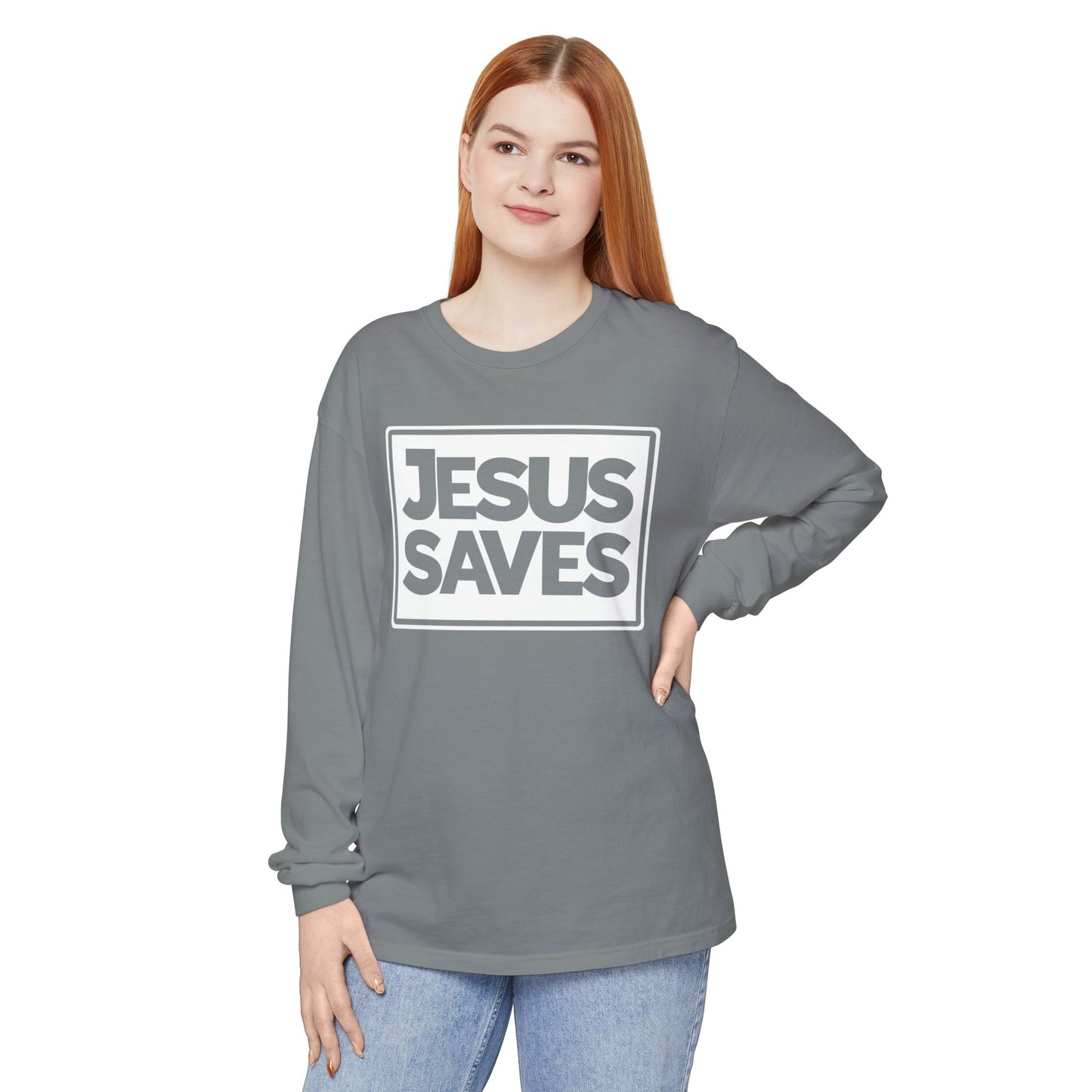Jesus Saves Garment-dyed Long Sleeve T-Shirt