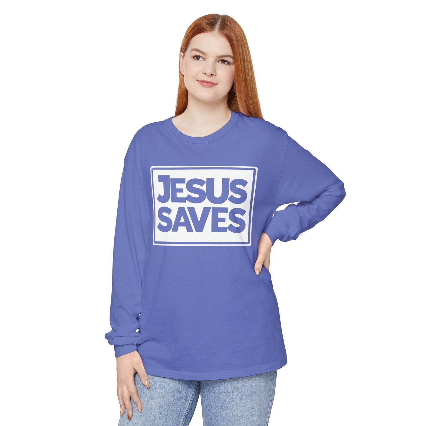 Jesus Saves Garment-dyed Long Sleeve T-Shirt