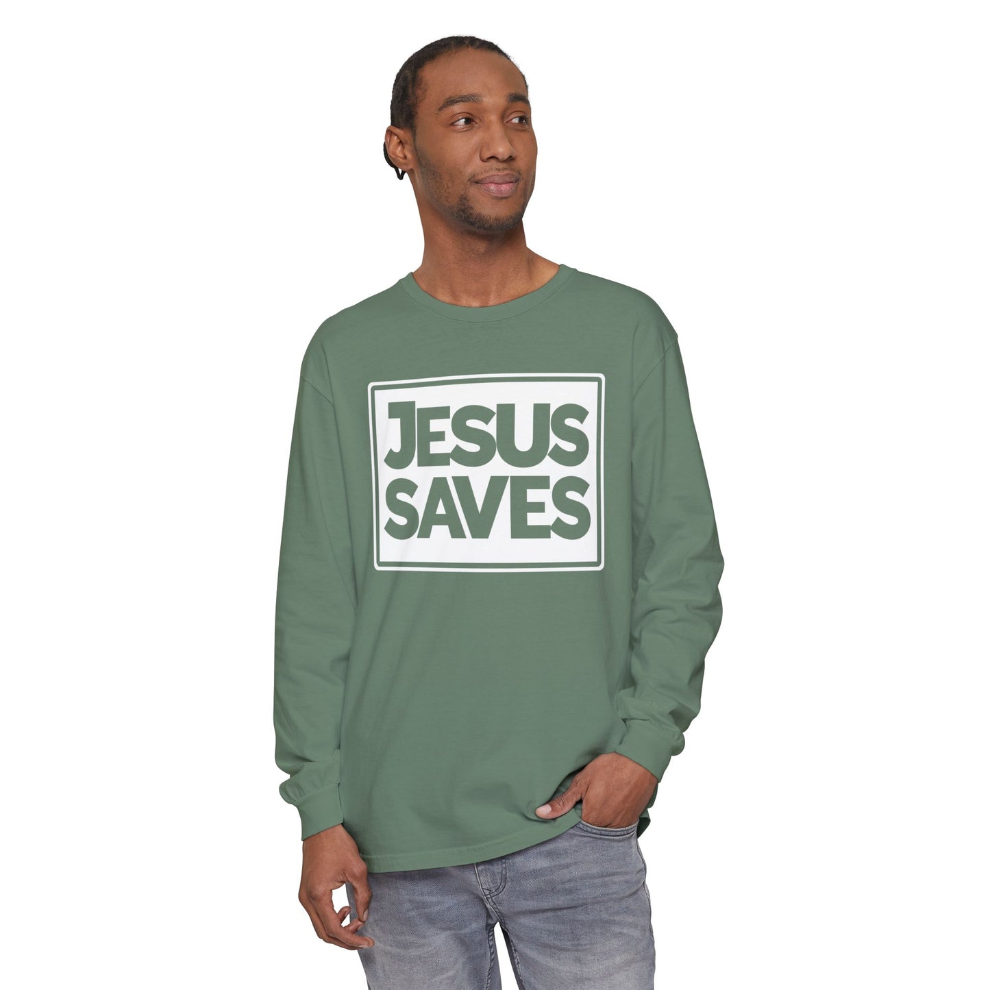 Jesus Saves Garment-dyed Long Sleeve T-Shirt